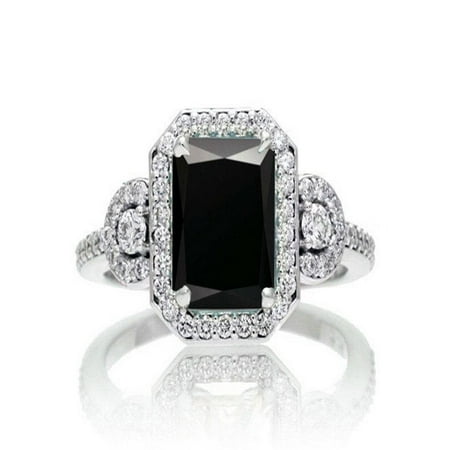 1.5 Carat Emerald Cut Three Stone Black Diamond Halo Diamond Ring in 14k White