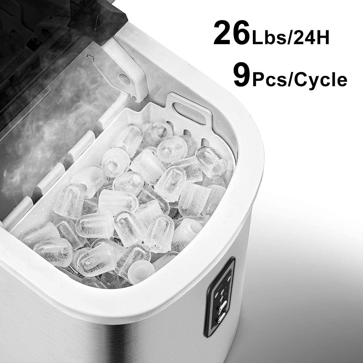 Ice Cubes Ready in 6 Mins Compact Electric Ice Maker with Ice Scoop and Basket S/L SILVER Ice Maker Machine Countertop Make 26 lbs Ice in 24 Hrs with 2 Size 