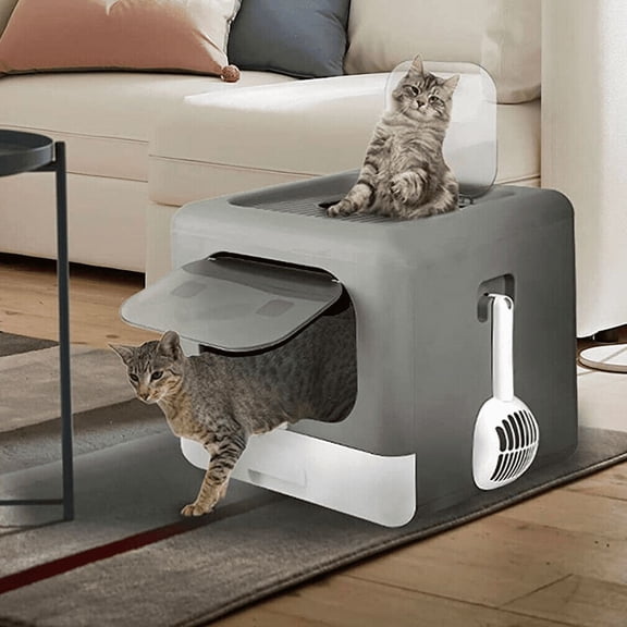 XL Enclosed Cat Litter Box with Pull-Out Drawer, Foldable Covered Cat Litter Box with Odor Control and Scoop, Gray