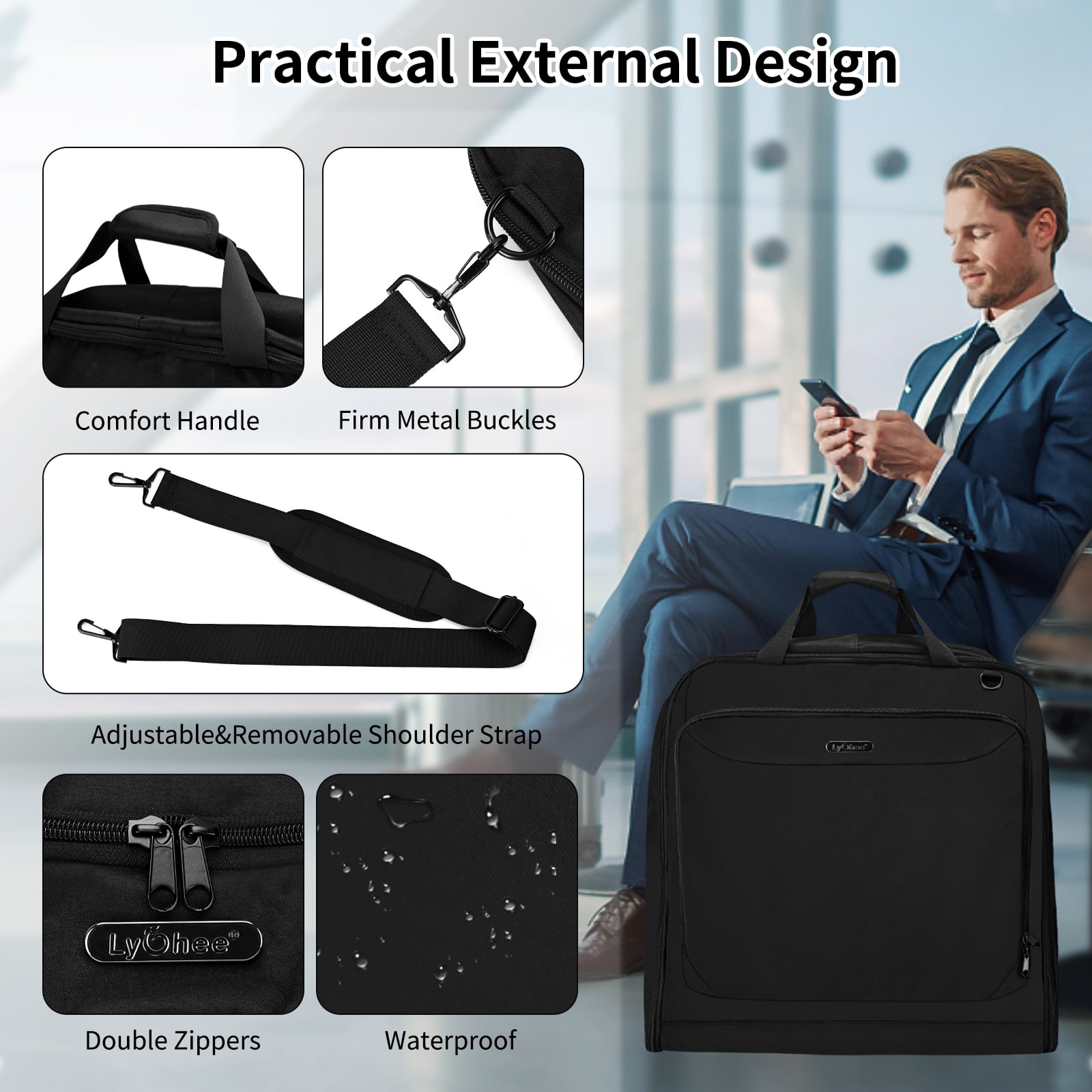 Garment Bags for Travel, Lychee Large Foldable Carry On Garment Bags with Shoulder Strap for Men Women, Business Luggage Suits Case Bag for Hanging Clothes, Black