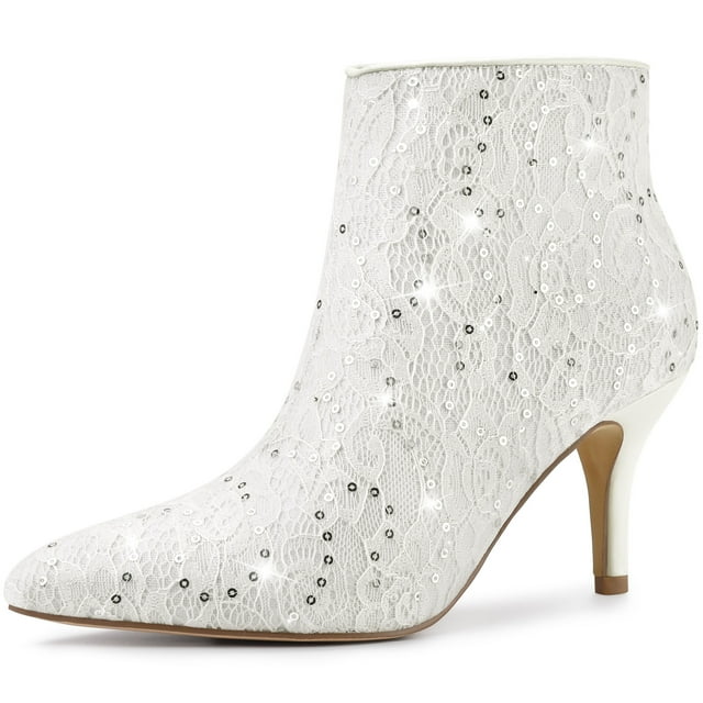 Unique Bargains Bottines à Talons Aiguilles Hauts pour Femmes à Bout Pointu en Dentelle et Paillettes