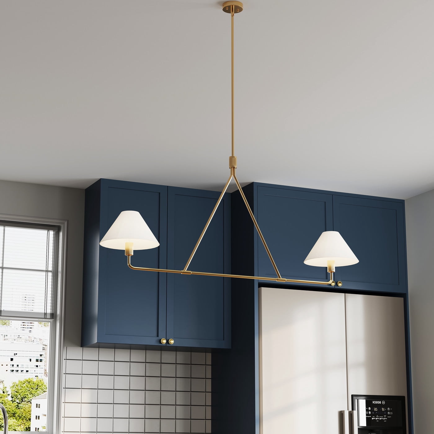 Aiwen Gold Pendant Light Modern Linear Chandelier 2-Light Kitchen Island Lighting Fixture with Fabric Shade