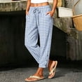 thumbnail image 2 of Women Summer Gingham Plaid Elastic Drawstring Waist Jogger Pants, Snap Button Loose Ankle Cropped Trousers with Side Pockets Beach Vacation Loungewear Casual Bottoms Blue XL(XL), 2 of 8