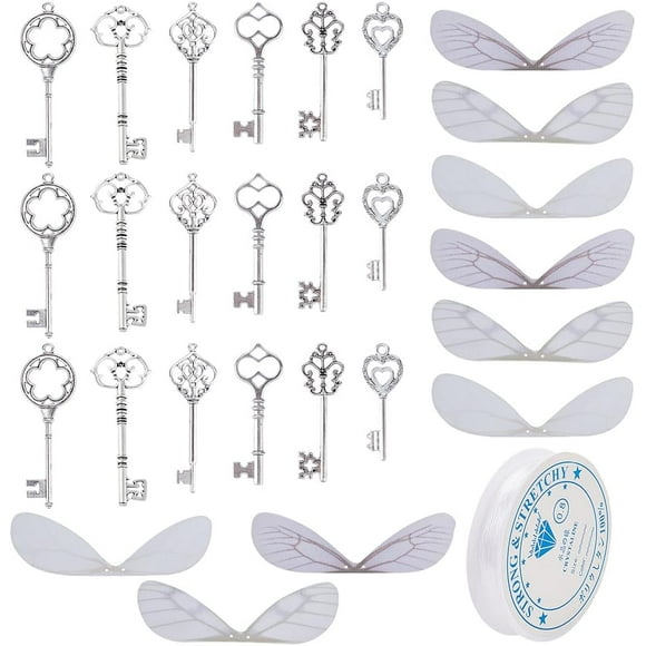 61Pcs Flying Keys Charms Tibetan Silver Enchanted Key Pendants with Dragonfly Wings Charm 11.48 Yards Elastic String for DIY Art Craft Jewelry Making Necklace Crafts