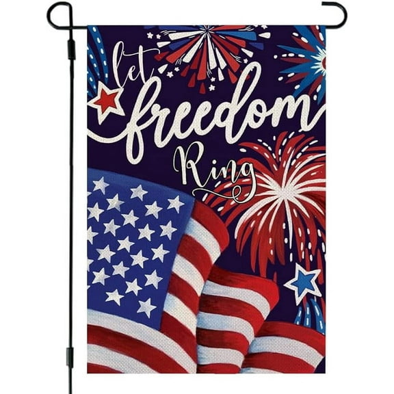CROWNED BEAUTY 4th of July Patriotic Garden Flag Let Freedom Ring 12x18 Inch Double Sided Memorial Independence Day Outside American Flag Fireworks Small Yard Decoration