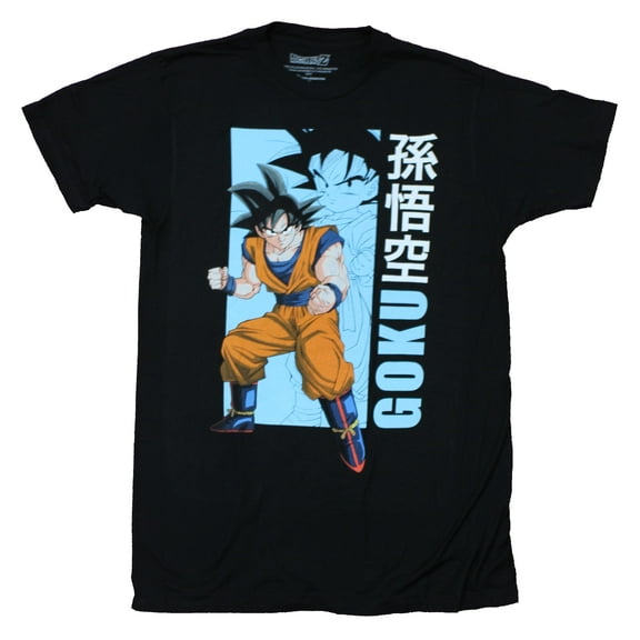 Dragon Ball Z Mens T-Shirt - Goku Stand s Over Blue Box Kanji (Small)