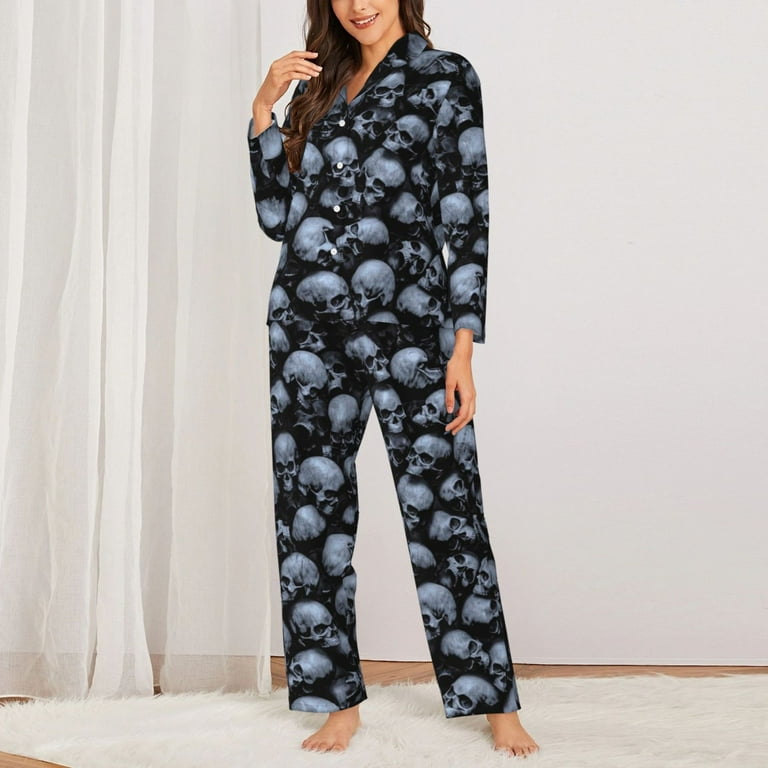 Kll Gothic Skull Print Women S Long Sleeve Pajamas With Pants Sleepwear Loungewear 2 Set Small Walmart