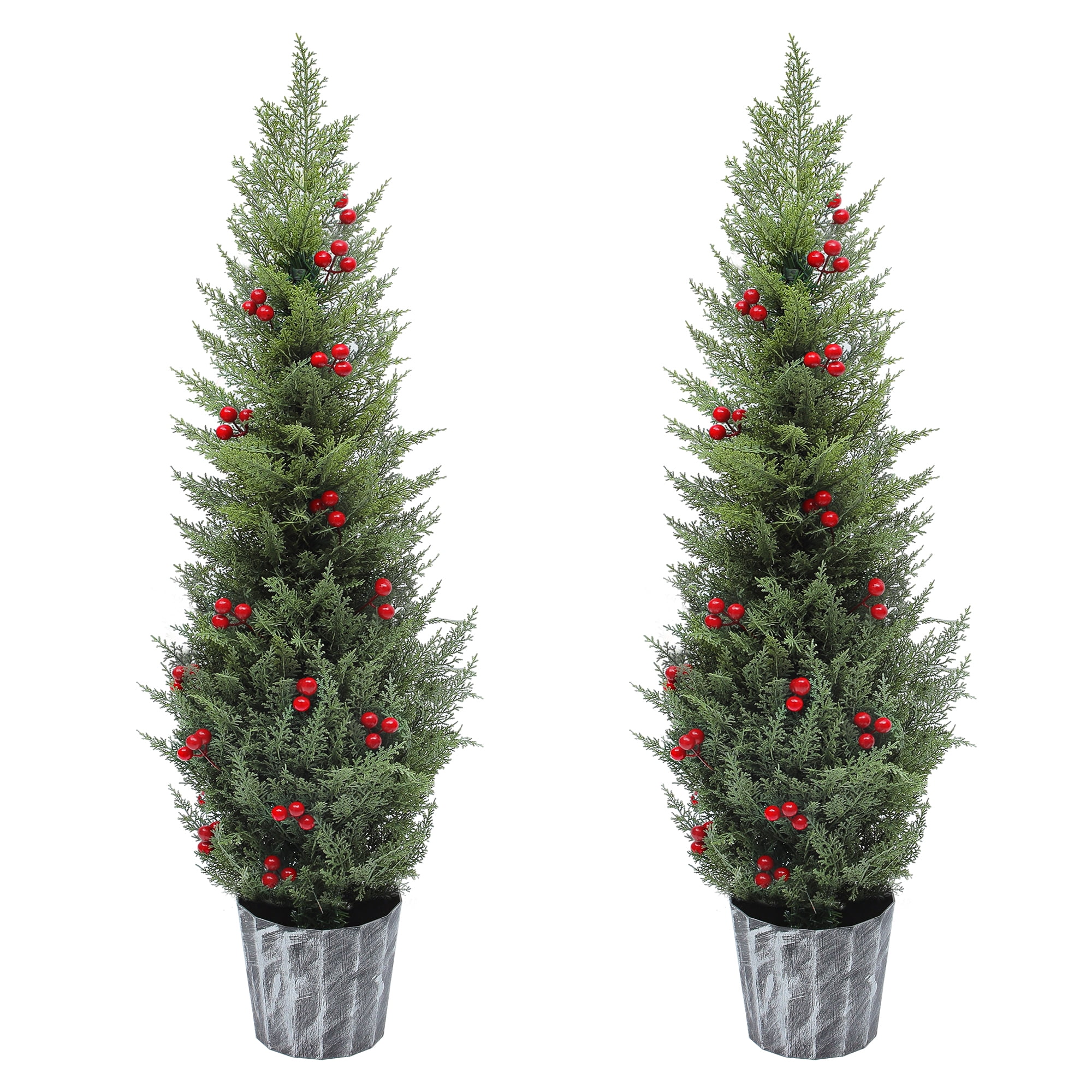 Uforic 4FT Artificial Cedar Topiary Tree ,Outdoor UV Resistant Artificial Cedar Tree Potted Plants with red Berries,for Home, Porch, Office Decor,2 Pcs