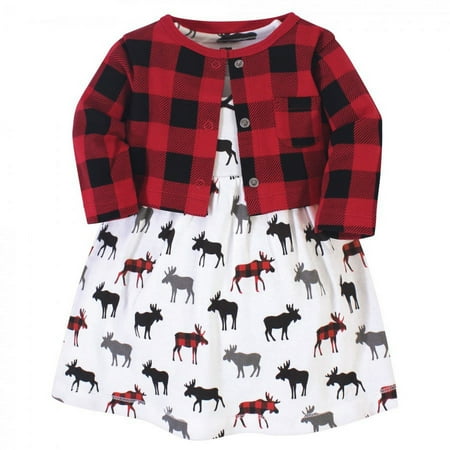 UPC: 0660168597707 | Hudson Baby Infant and Toddler Girl Cotton Dress and Cardigan 2pc Set Buffalo Plaid Moose 9-12 Months