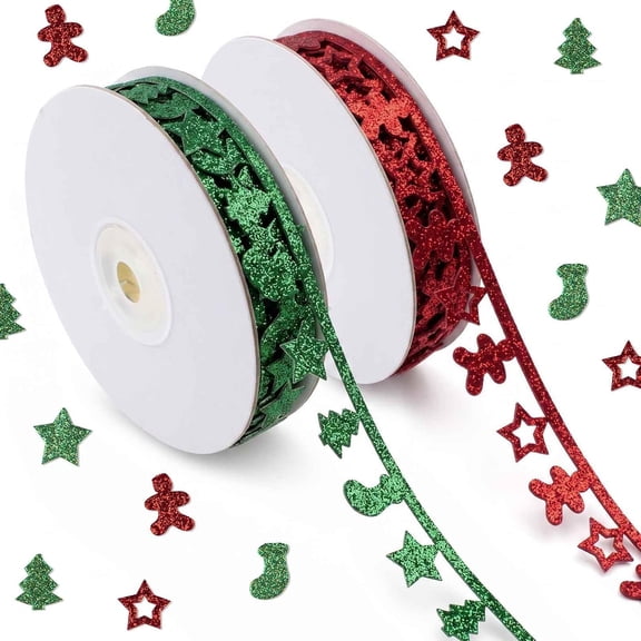 2 Rolls Christmas Bell Ribbon Trim, Green Tree Garland for Wreath DIY Decor 5 Yards/Roll