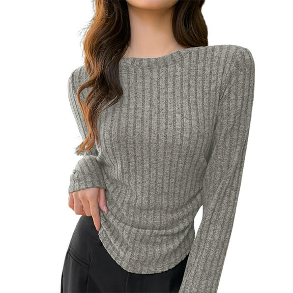 Long Sleeve Womens Tops Crew Neck Tops Ribbed Knit Grey Women Thermal Top Warm Tops for Women Fall T Shirts for Women