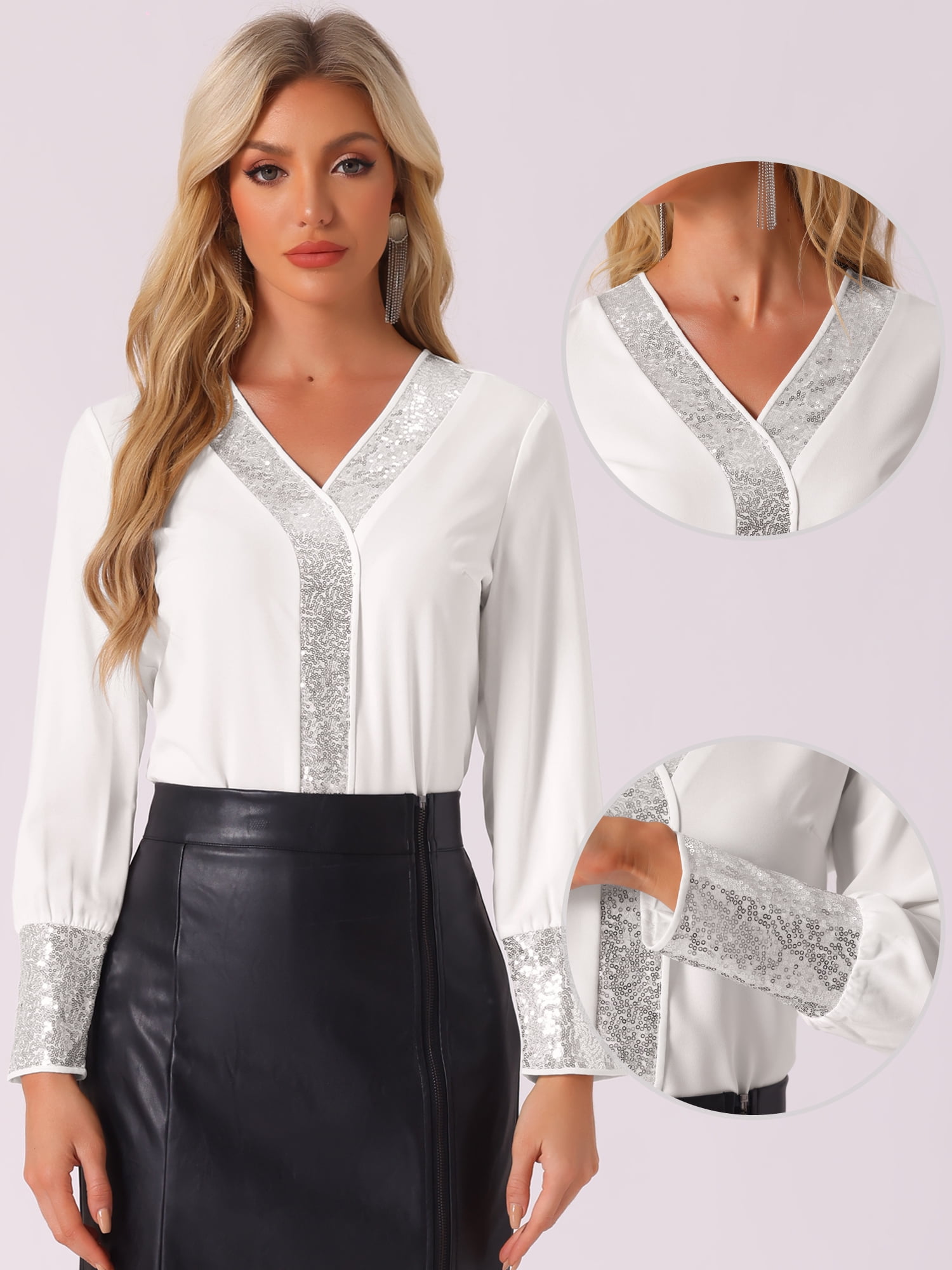DARING DIVA Women's Sequin V Neck Long Sleeve Lightweight Shirts XS White