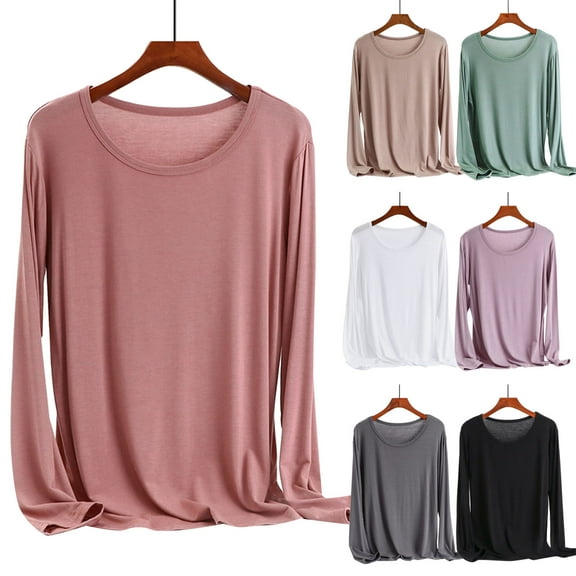 idosla Casual Womens Long Sleeve Shirts Loose Fit Scoop Neck Soft Solid Basic Tee Tops Trendy (Pink, XXL)