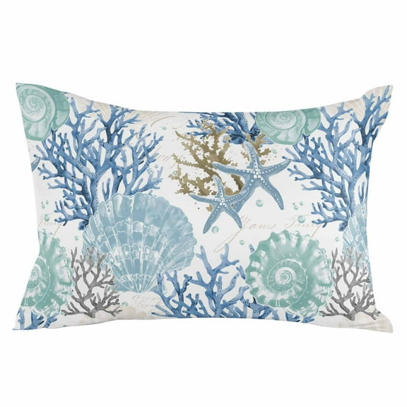 Outdoor Waterproof Throw Pillow Covers Set of 2 Teal Blue Starfish Conch Decorative Pillowcases Lumbar Outdoor Pillows Cushion Case 20x12 Inch Coral Shell Patio Pillows for Couch Sofa Bed Garden