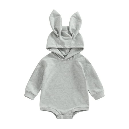 

Meihuida Infant Baby Easter Jumpsuit Solid Color Rabbit Ear Hood Long Sleeve Romper for Infant Boys Girls