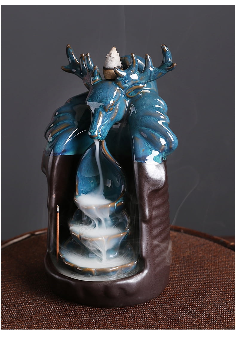 Ceramic Deer Head Reverse Flow Incense Burner Creative Smoke Incense Holder for Yoga Room Home Decoration