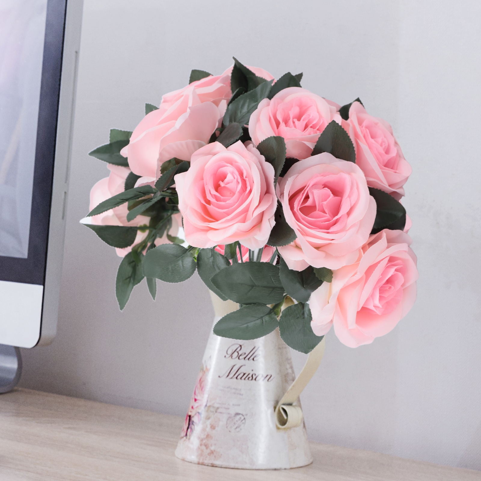 Wuzstar Artificial Pink Roses Flowers Vase and Centerpieces Faux Roses