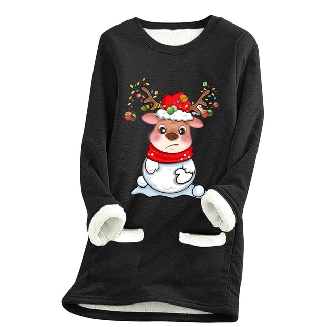 WEAIXIMIUNG Sweatshirts Courts pour Femmes Grande Taille Pull Thermique à Manches Longues Col Rond avec Poche