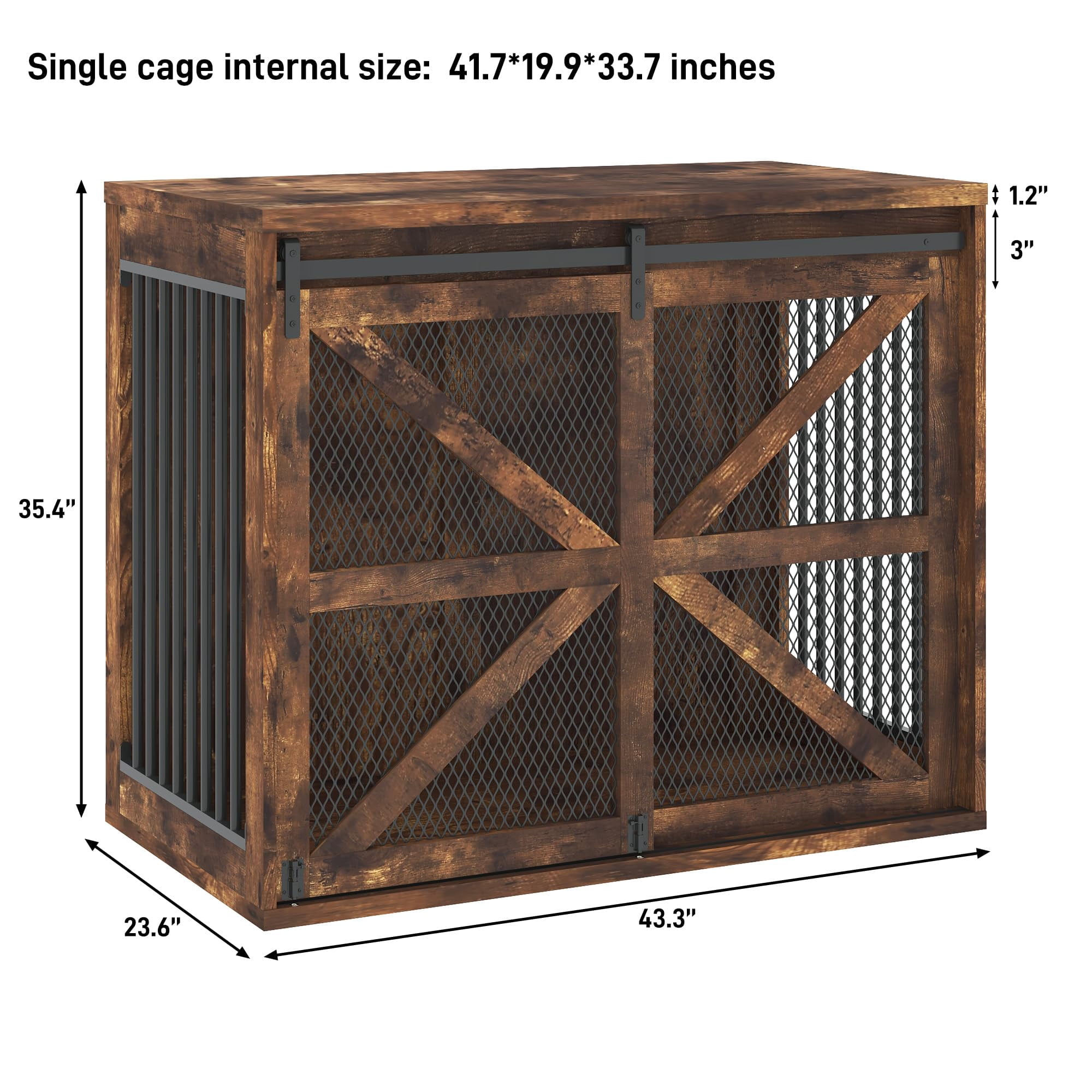 Blotout 43.3" Farmhouse Dog Crate Furniture, Wooden Dog Crate Furniture with Sliding Metal Mesh Barn Door, Solid Metal Tube & 2 Lockable Doors, XL Rustic Brown