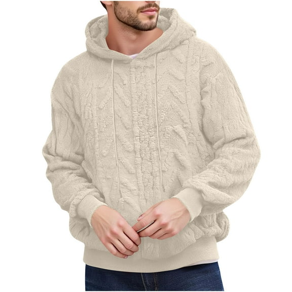 YLSDY Sherpa Hoodies for Men Trendy Fuzzy Fleece Pullover Long Sleeve Fall Outwear Winter Hooded with Kangaroo Pocket Beige XXL