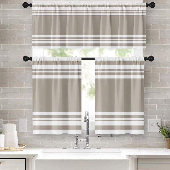 Light Grey Kitchen Window Curtains Valance and Tier Set 36 Inch, Gray Striped Abstract Rod Pocket Short Tier Curtain for Bathroom, Modern Small Cafe Drapes for Kitchen Decor