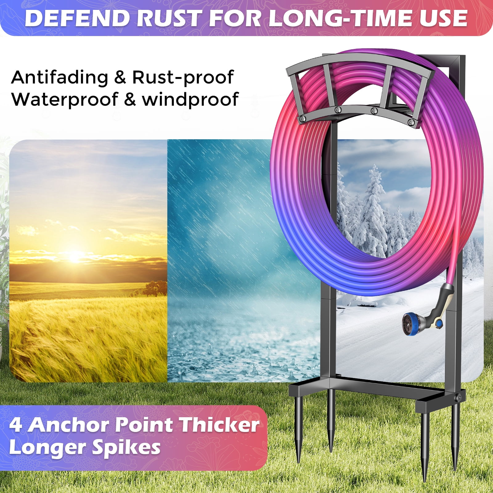 OLV Garden Hose Holder Freestanding Heavy Duty Water Hose Holder Reel,4 Spikes,Holds 150-ft Water Pipe,for Yard Lawn Farm