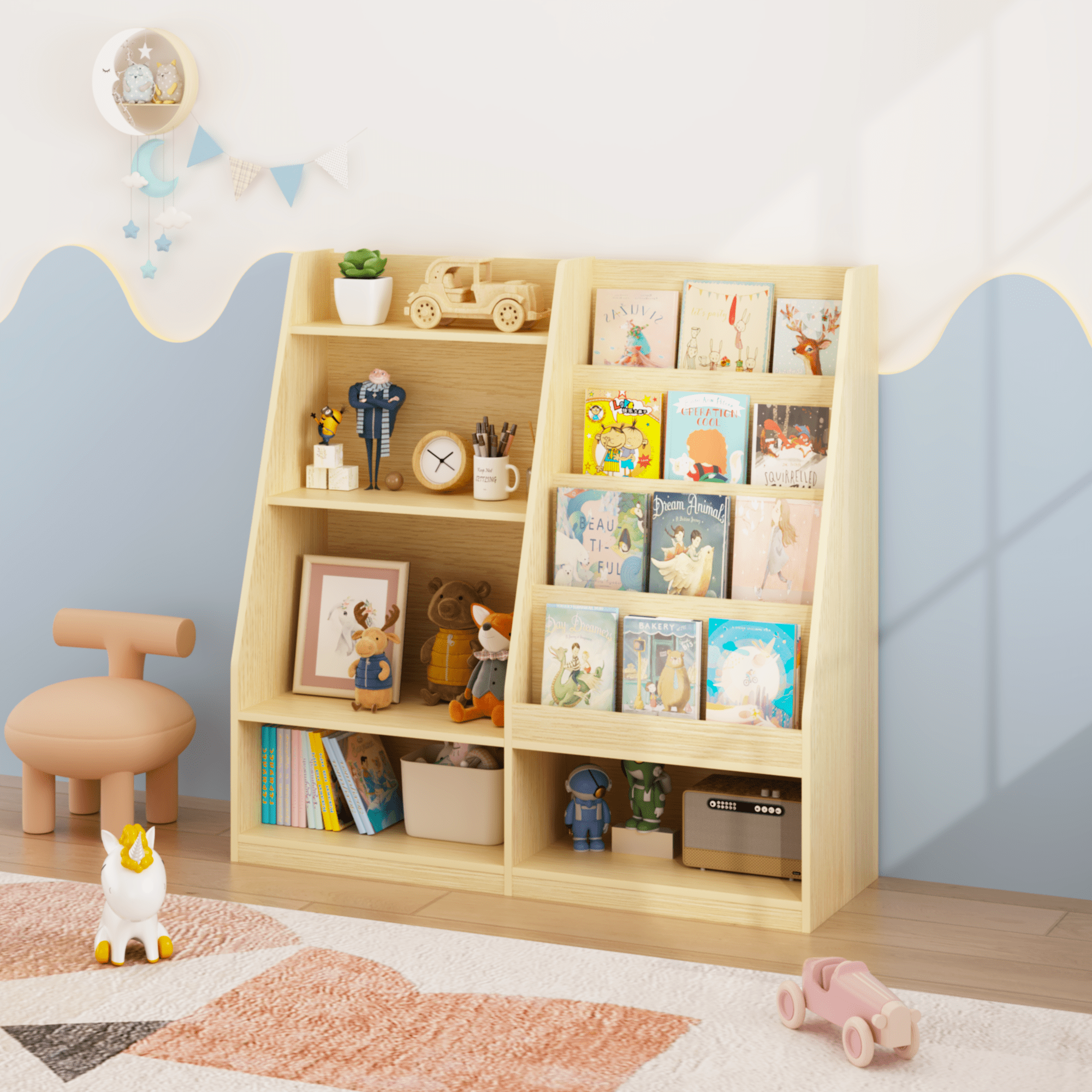 White Kids Bookshelf with Toy Storage Bin 2-Tier Display Childrens Room Organizer