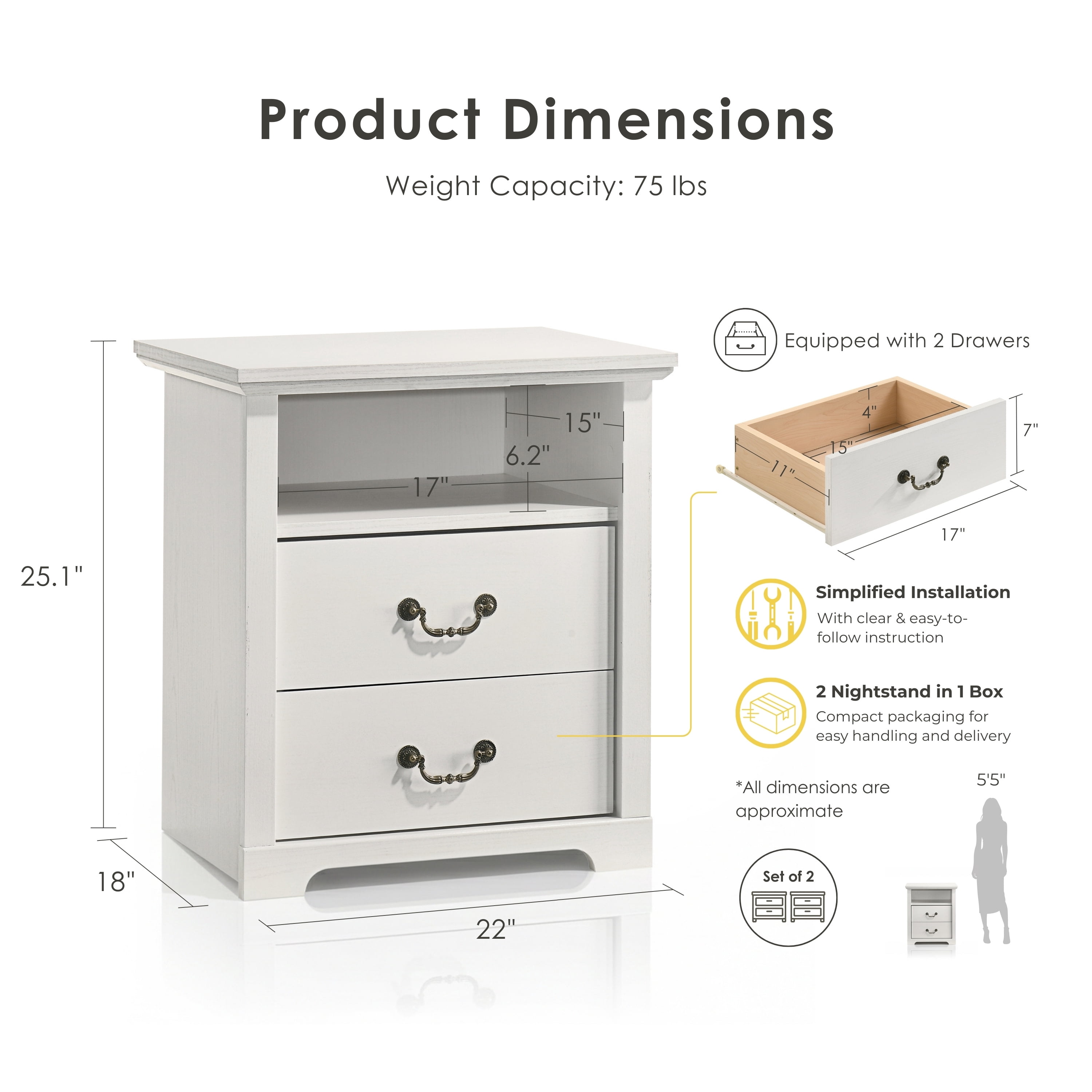 Furniture of America Chara Modern Wood 2-Drawer Kids Nightstands with Open Top Shelf, Set of 2, White