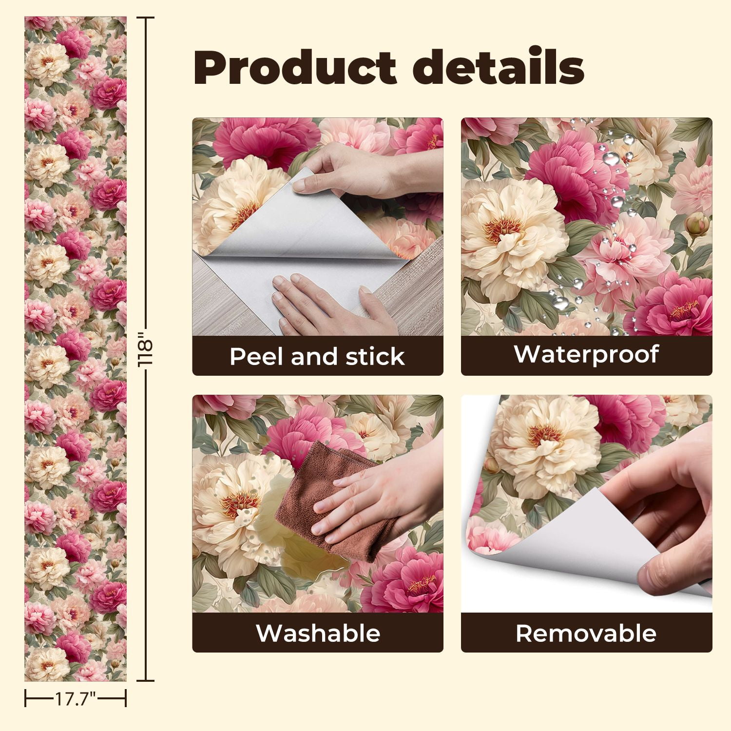 Peel and Stick Wallpaper 17.7in x 9.8ft Floral Peony Soft Pink Cream Flowers Contact Paper Vinyl Self-Adhesive Removable Wall Paper for Bedroom Kitchen Cabinet Décor Renter Friendly