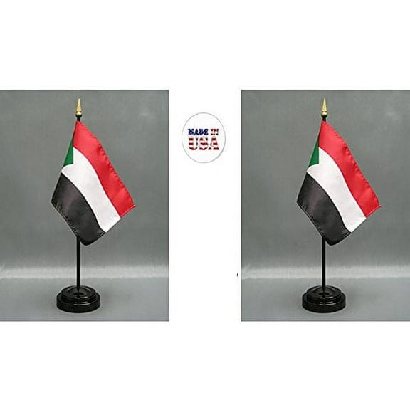 Made in The USA. 2 Sudan Rayon 4"x6" Miniature Office Desk & Little Hand Waving Table Flags Includes 2 Flag Stands & 2 Small Mini Sudanese Stick Flags