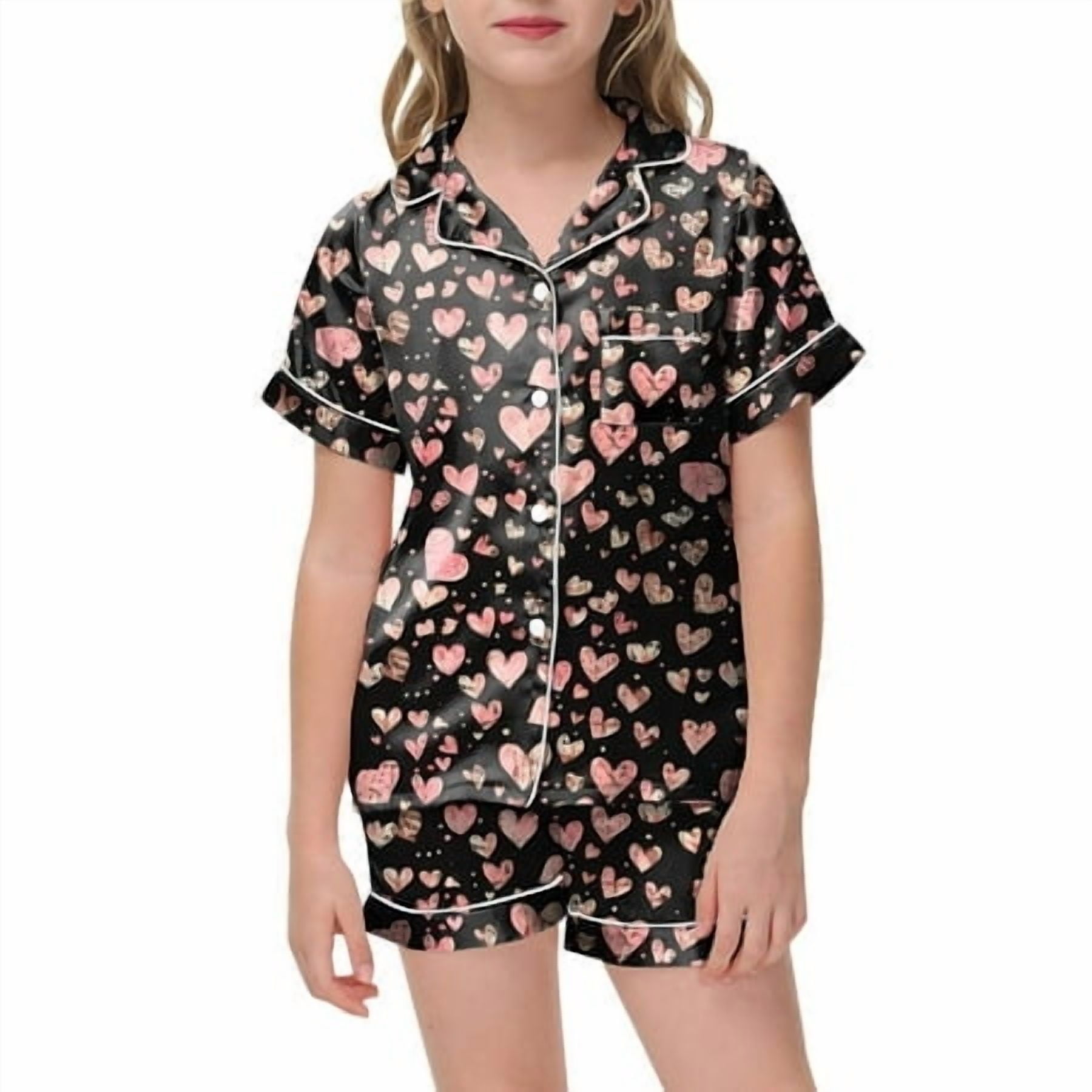 FhsagQ Tenues pour Filles Ensembles 2 Pcs Pyjamas pour Enfants Imprimé Graphique Chemise à Manches Courtes à Boutons Shorts Ensemble de Pyjama Petite Fille Tenues 7/8T Ensembles Shorts Pâques Noir 10-11 Ans