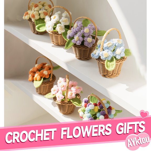 AYktou Handmade Crochet Flowers Bouquet Potted Plants,Knitted Artificial Forever Flowers with Hand-Woven Basket,Gifts to Friends Women Kids,Perfect for Home Decorations,Office Desk