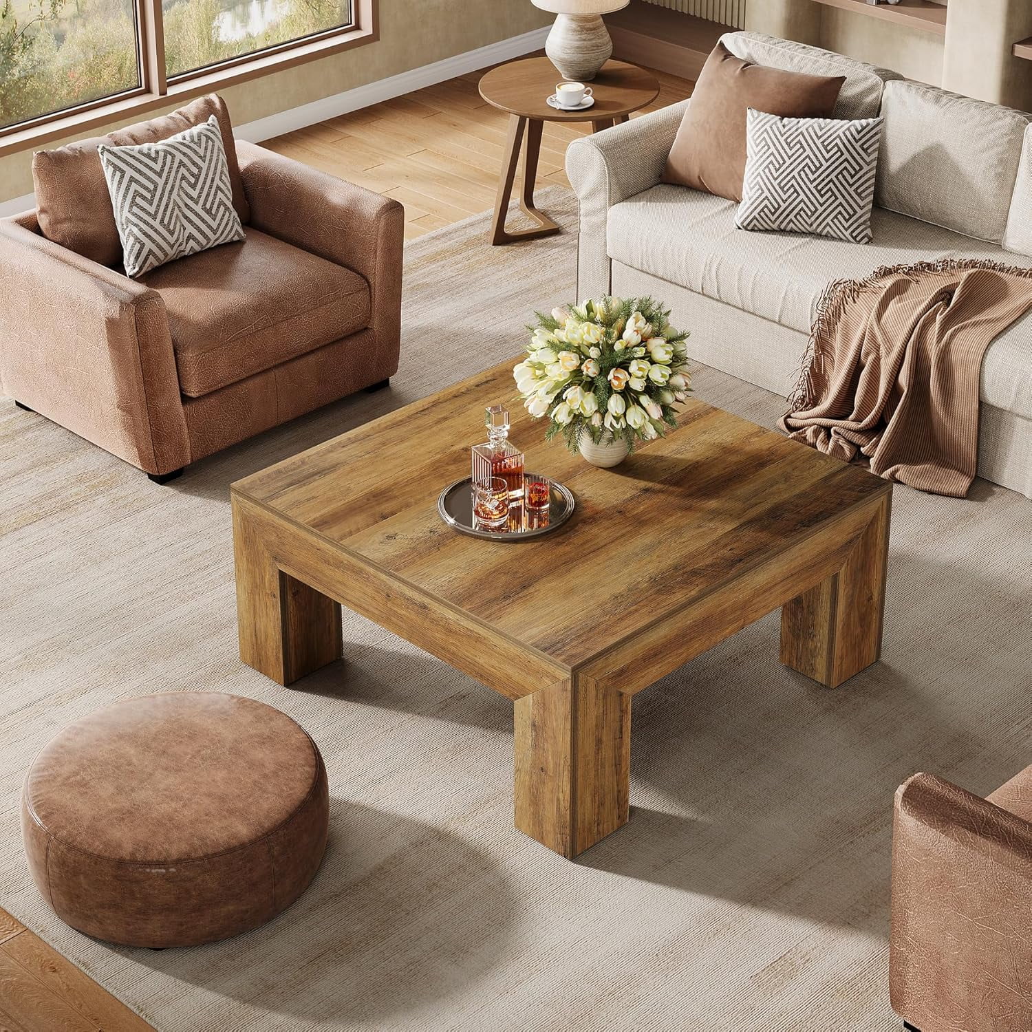 Tribesigns 39.4" All-Wood Coffee Table: Farmhouse Style Accent Centerpiece for Living Room with Sturdy Legs, Rustic Brown