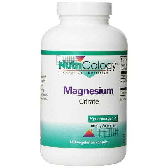 Nutricology Magnesium Citrate Dietary Supplement - Bone & Stress Support, Well-Absorbed, Hypoallergenic, Vegetarian Capsules, Gluten Free - 180 Count