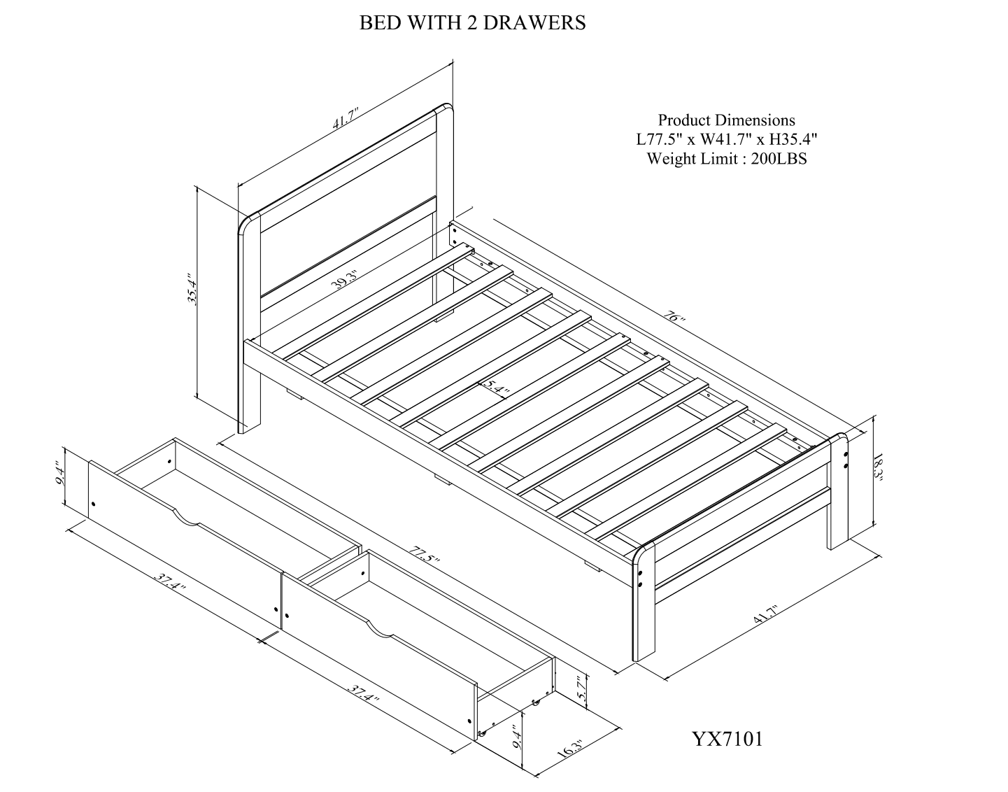 Aukfa Platform Bed with 2 Storage Drawers, Twin Bed Frame with Headboard for Kids, Wood - Walnut