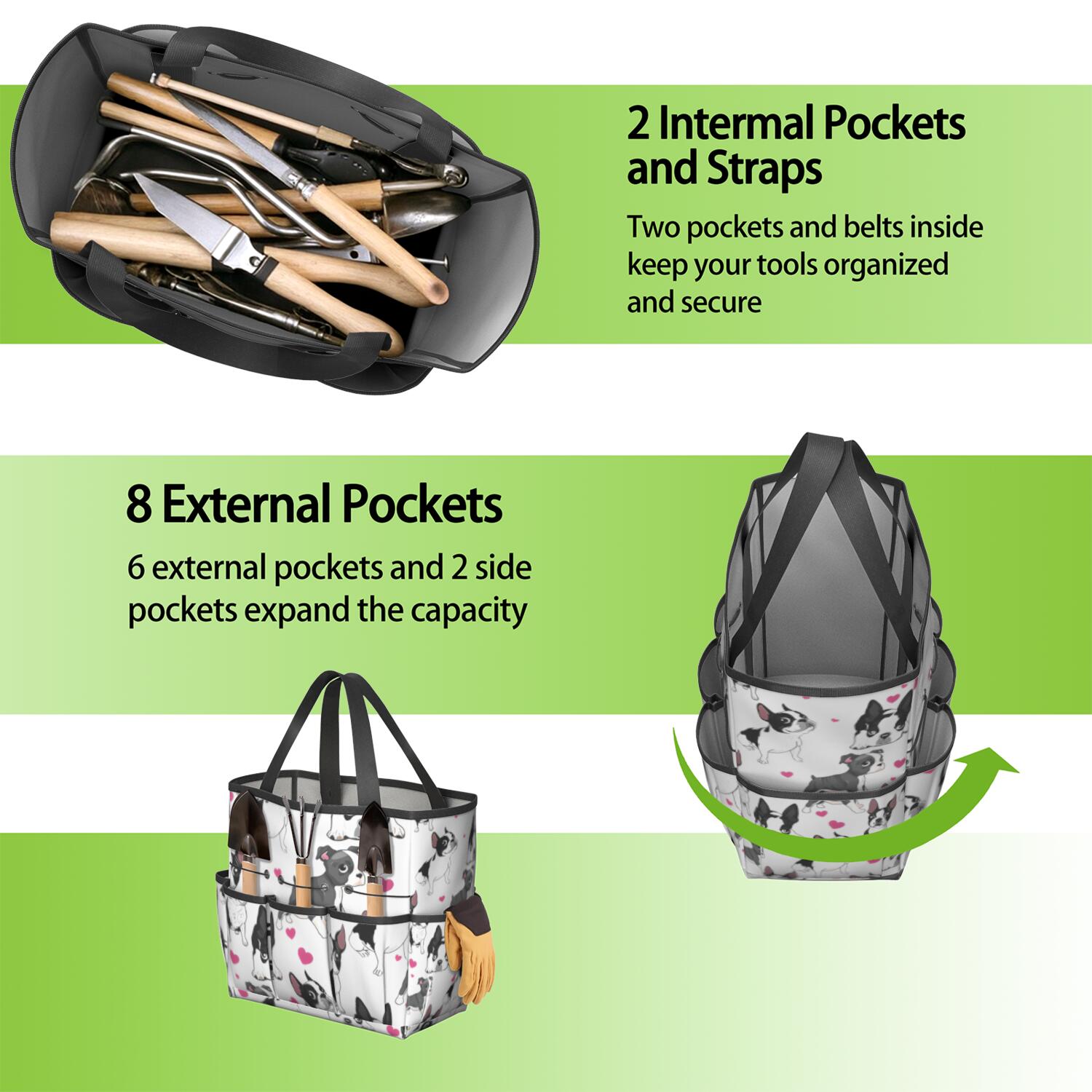 Garden Tool Bag,Pug and Love Heart Garden Tool Organizer,Garden Gifts,Waterproof Multi-Pocket Garden Tool Storage 11.8x5.5x11.4 Inch(Tools NOT Included)