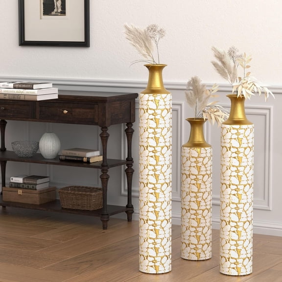 Tall Floor Vases Set of 3 for Decor Living Room Floor, Gold Vases Home Decor,Luxury Floor Vases Decorative Tall, White Gold Finish (24in/28in/32in Height)
