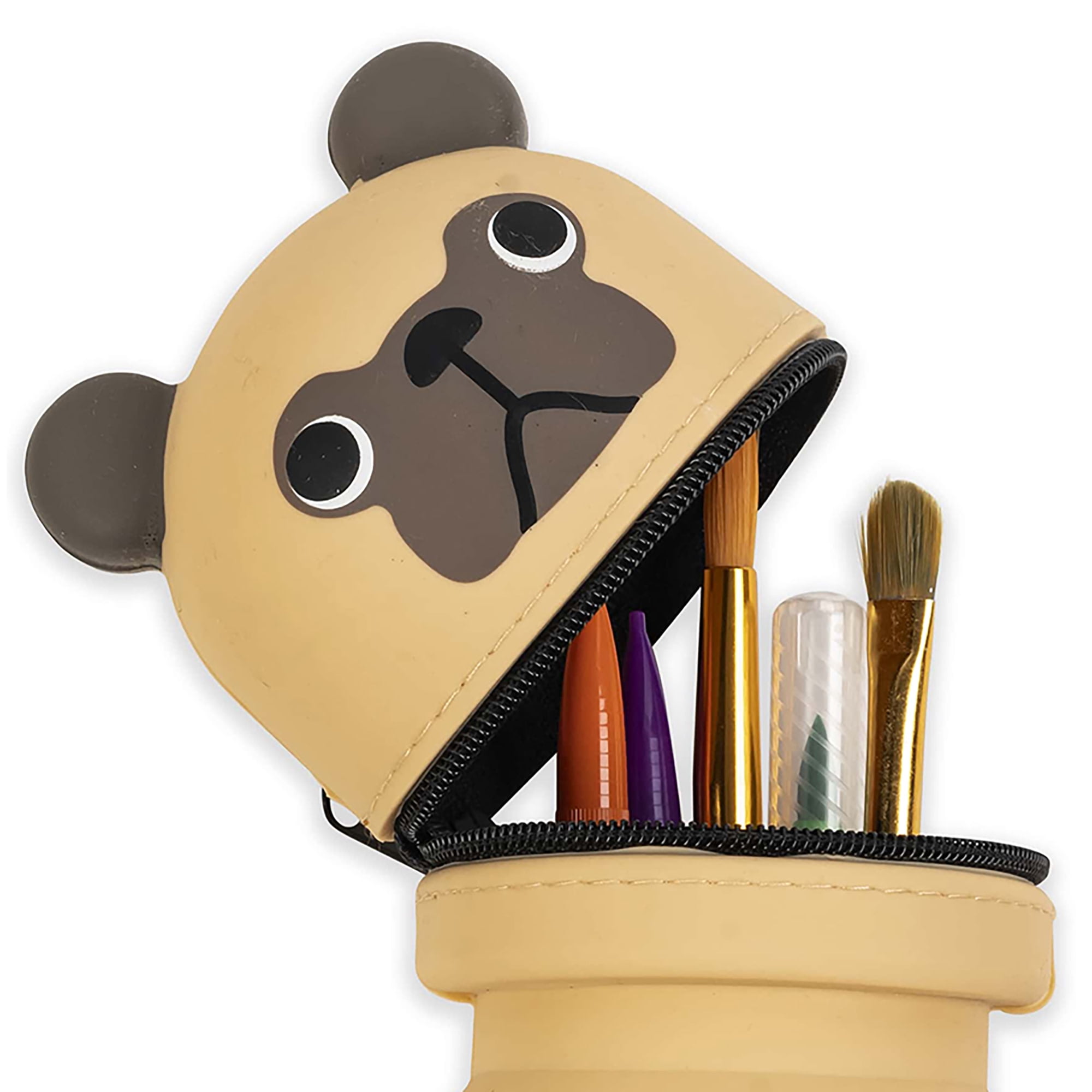 Little Yellow Bicycle: Retractable Pencil Case - Pug - Playful Brown Dog Character, Zipper Carry Pouch, Silicone, School Supplies & Utensil Storage