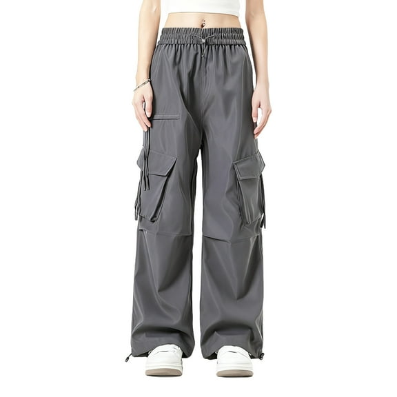 QQAMB Women's Cargo Pants Plus Size Drawstring Waist Ruched Baggy Parachute Pants Streetwear Joggers with Pockets Dark Gray L