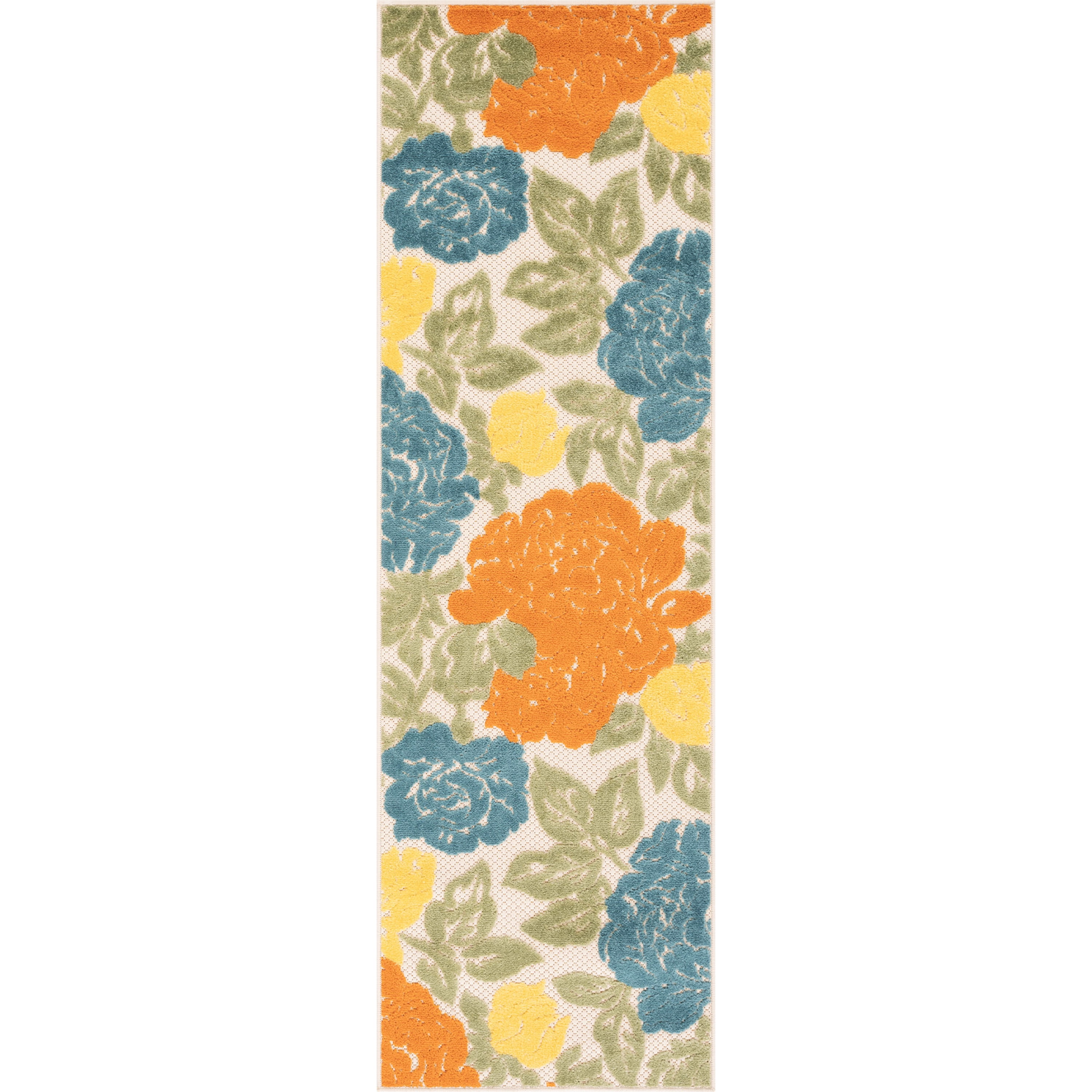 Oasis Modern Floral Gold and Orange Polypropylene Indoor Outdoor Runner Rug, 2'x8' Rectangle
