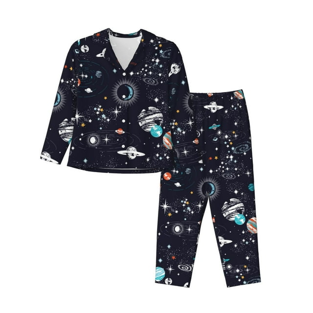 Kdxio Galaxy2 Print Womens Pajamas Set Button Down 2 Piece Pjs Long Sleeve Oversized Sleepwear with Pockets-X-Large