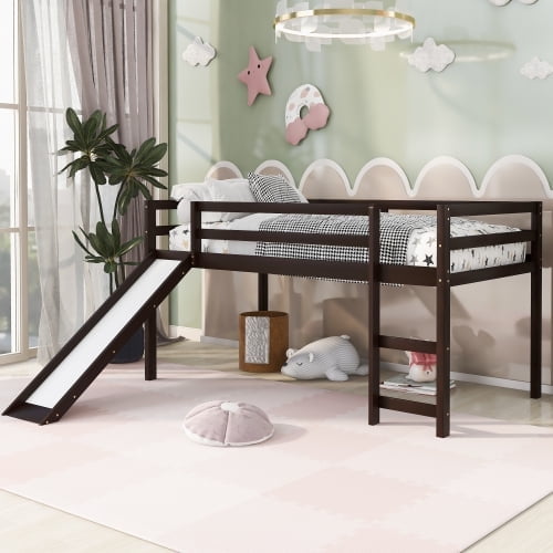 DRNANLIT Twin Loft Bed with Slide, Wood Low Loft Bed, Climbing Ladder & Storage Space, Twin Bed for Girls Boys, No Box Spring Needed, Espresso