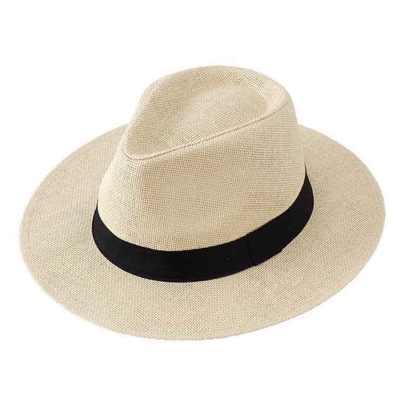 Xmyrz Unisex Straw Cowboy Sun Hat Flat Brim Wide Brim Summer Beach UV Protection Breathable Roll Up Fedora Cap Beige