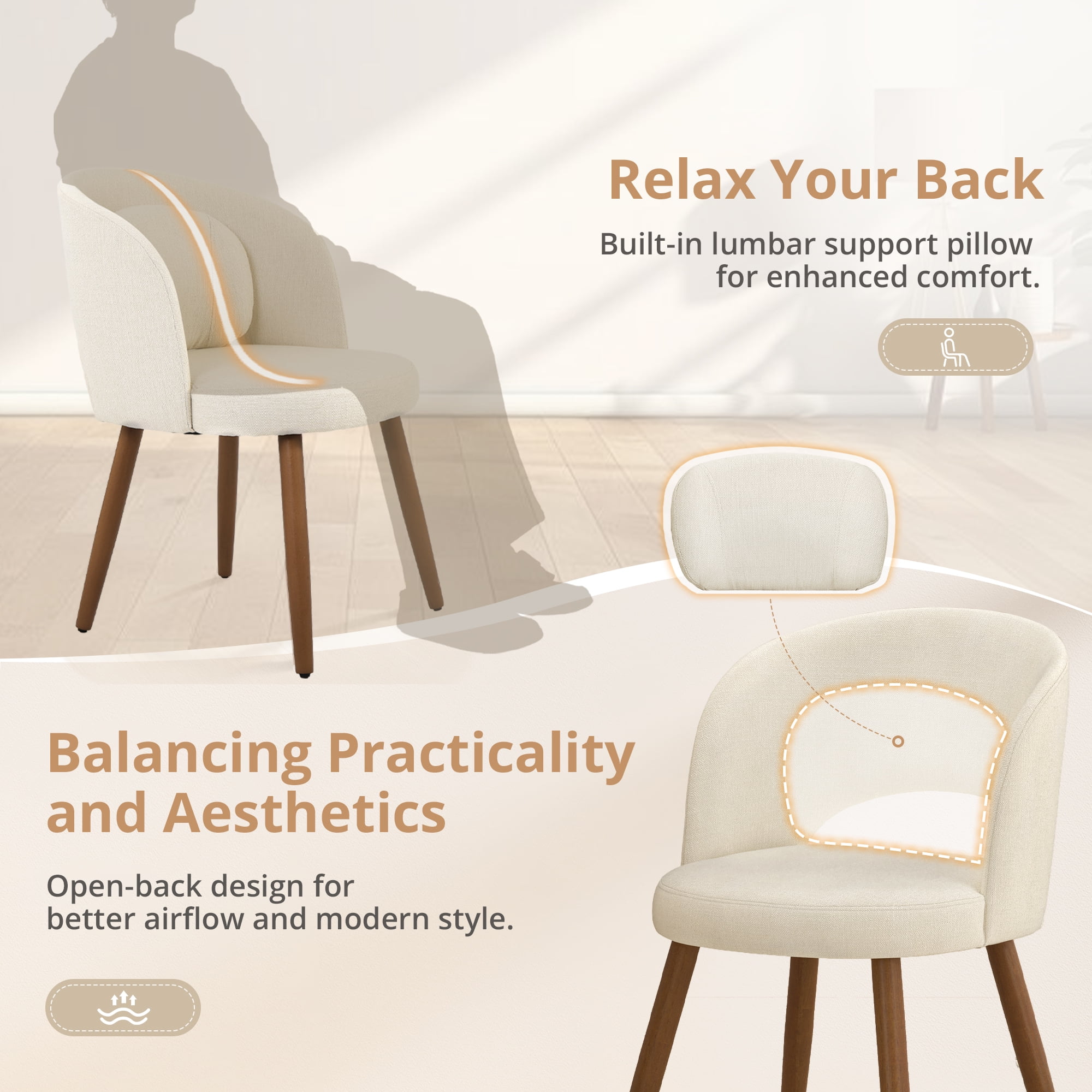 Dycanpo Upholstered Dining Chairs Set of 2, Wooden Dining Side Chairs with Curved Backrest & Individual Back Cushion, Linen-Fabric