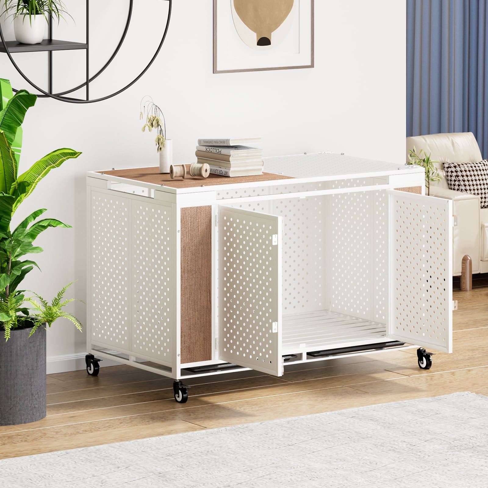 Snuowu  54 Inch Heavy Duty Dog Crate Furniture with Wheels,Indestructible Metal Dog Cage for Large and Medium Dogs, Extra Large XL XXL Dog Crate with Removable Tray.