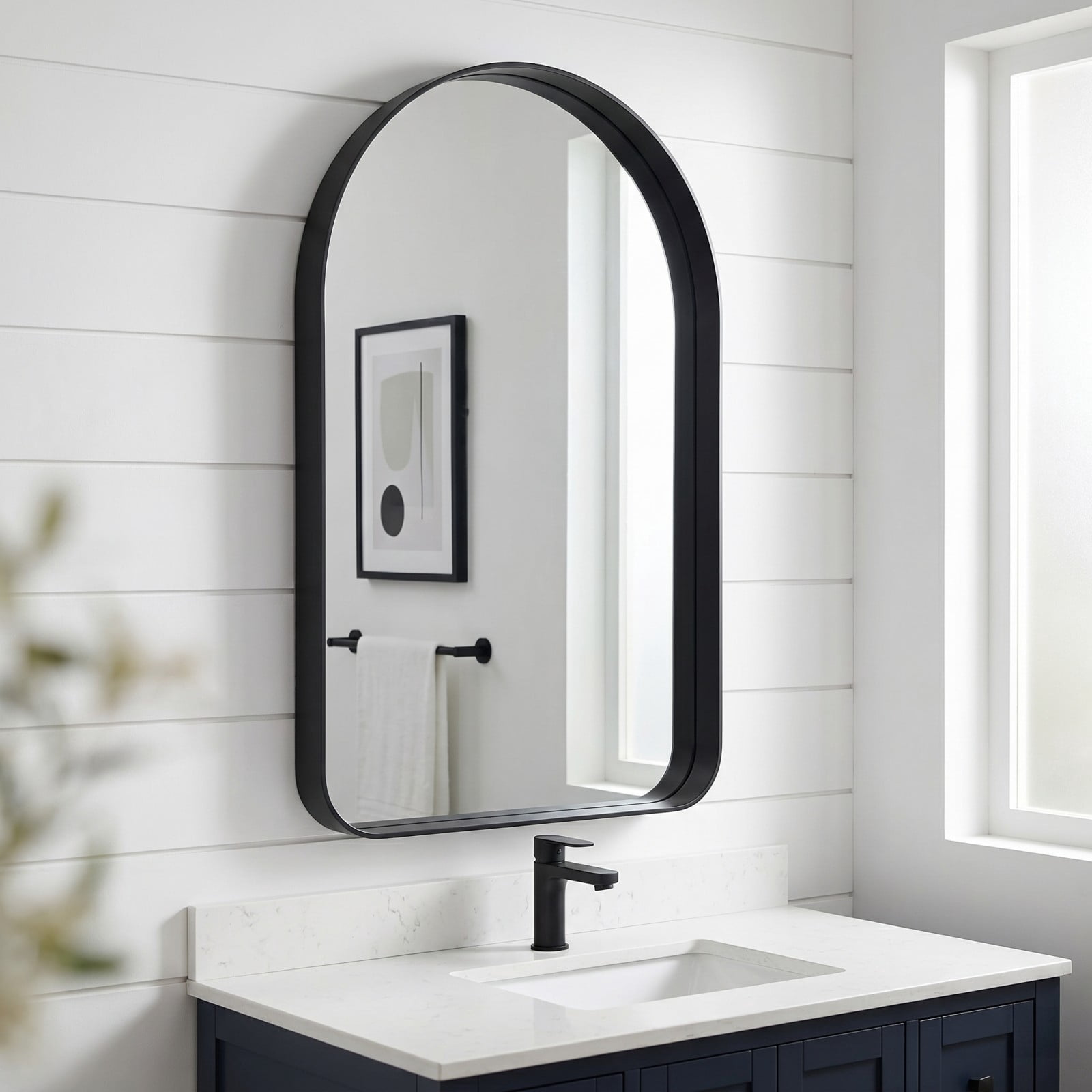 GRAHMCY 30"x48" Arched Bathroom Mirror Rounded Corner Vanity Wall Mirror with Deep Frame, Black