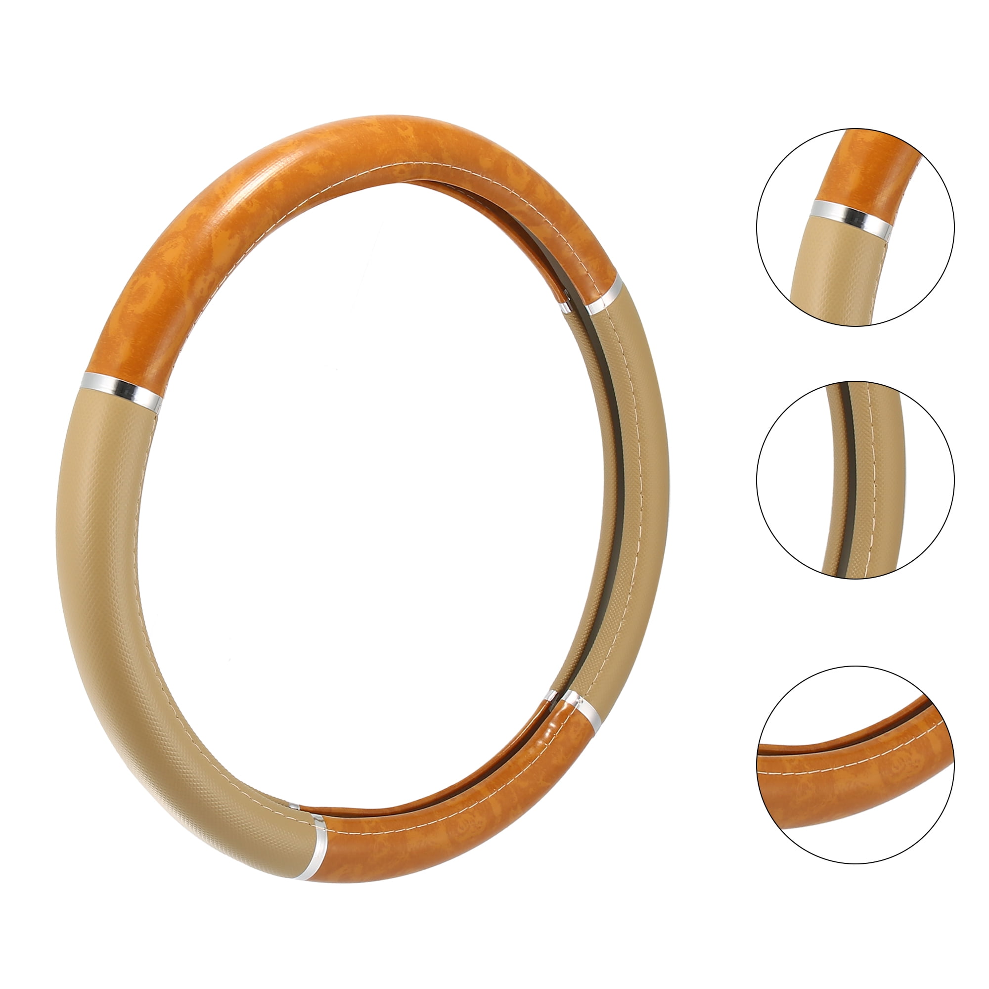 Unique Bargains 15" Universal Anti Slip Steering Wheel Grip Cover for Car Sedan SUV Breathable Wood Grain Khaki Beige