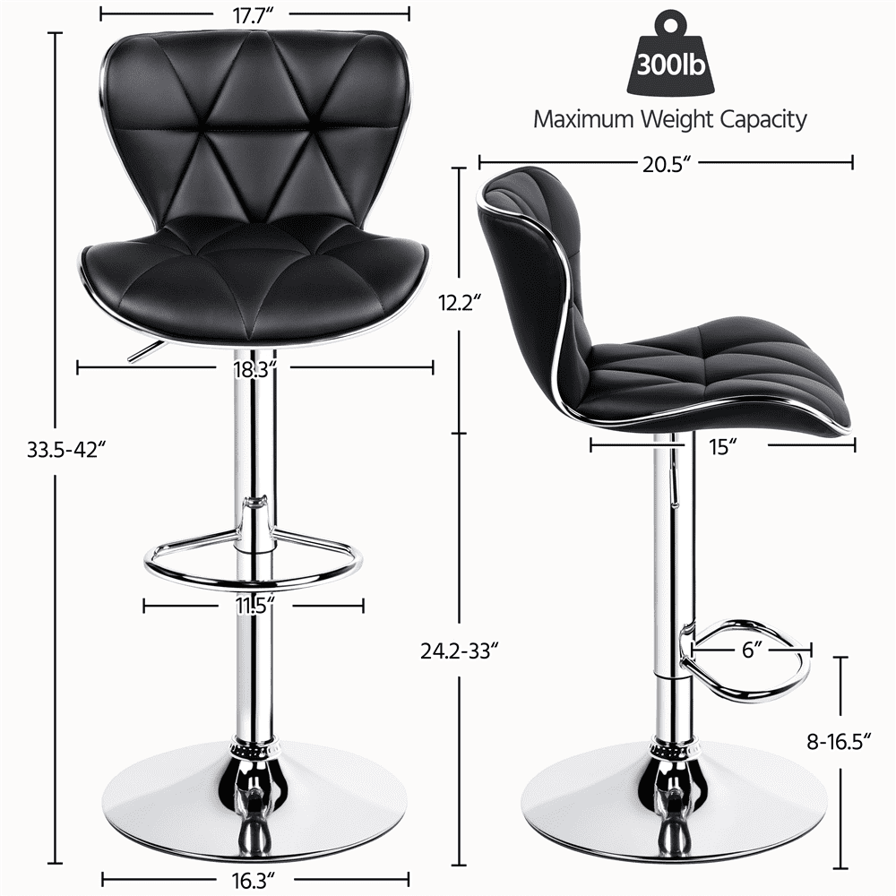 Alden Design Adjustable Mid-back Faux Leather Counter-Height Bar Stool, Set of 2, Black