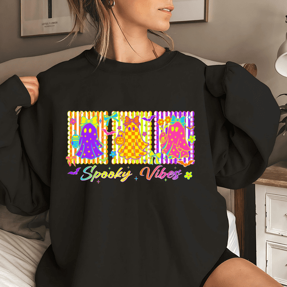 Coquette Spooky/Boo/Ghost Print Tops Neon Halloween Sweatshirts Long Sleeve Casual Pullover Fashion Cotton Shirts for Daily Outfits Black,4XL