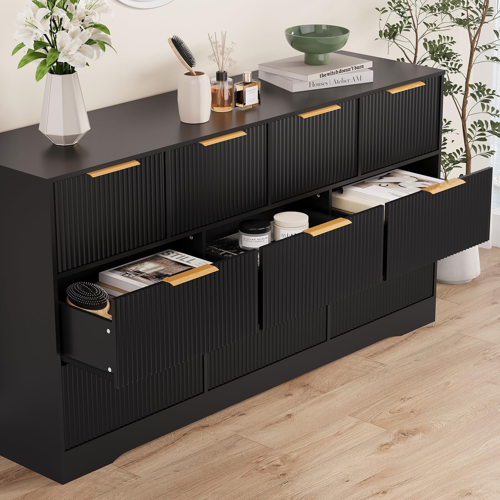 Fluted Design 10-Drawer Dresser - 59" Wide Modern Wood Chest for Bedroom, Living Room TV Stand or Hallway Storage Organizer with Wood Frame, Black